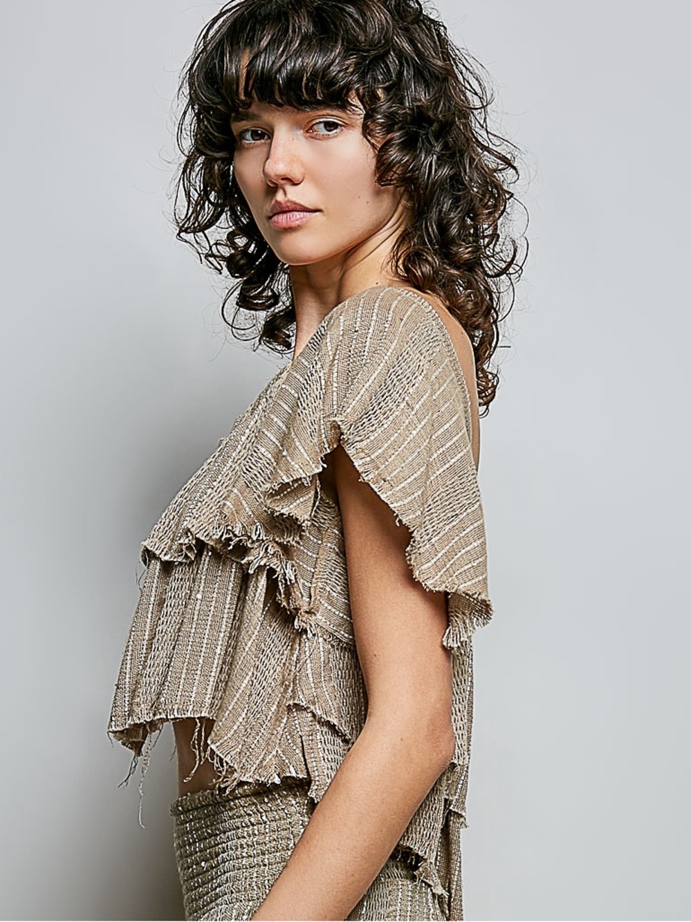 💖Hello Gorgeous! POL Off-Shoulder Ruffle Crop Top- Mocha